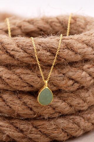 Doğal Prehnit Taşlı Damla Mini Altın Yaldızlı Gümüş Kolye 7753