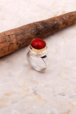 Mercan Taşlı Tel Sarma Elişi Gümüş Yüzük 3728