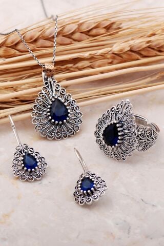 Safir Taşlı Telkari Elişi Damla Gümüş Set 2377