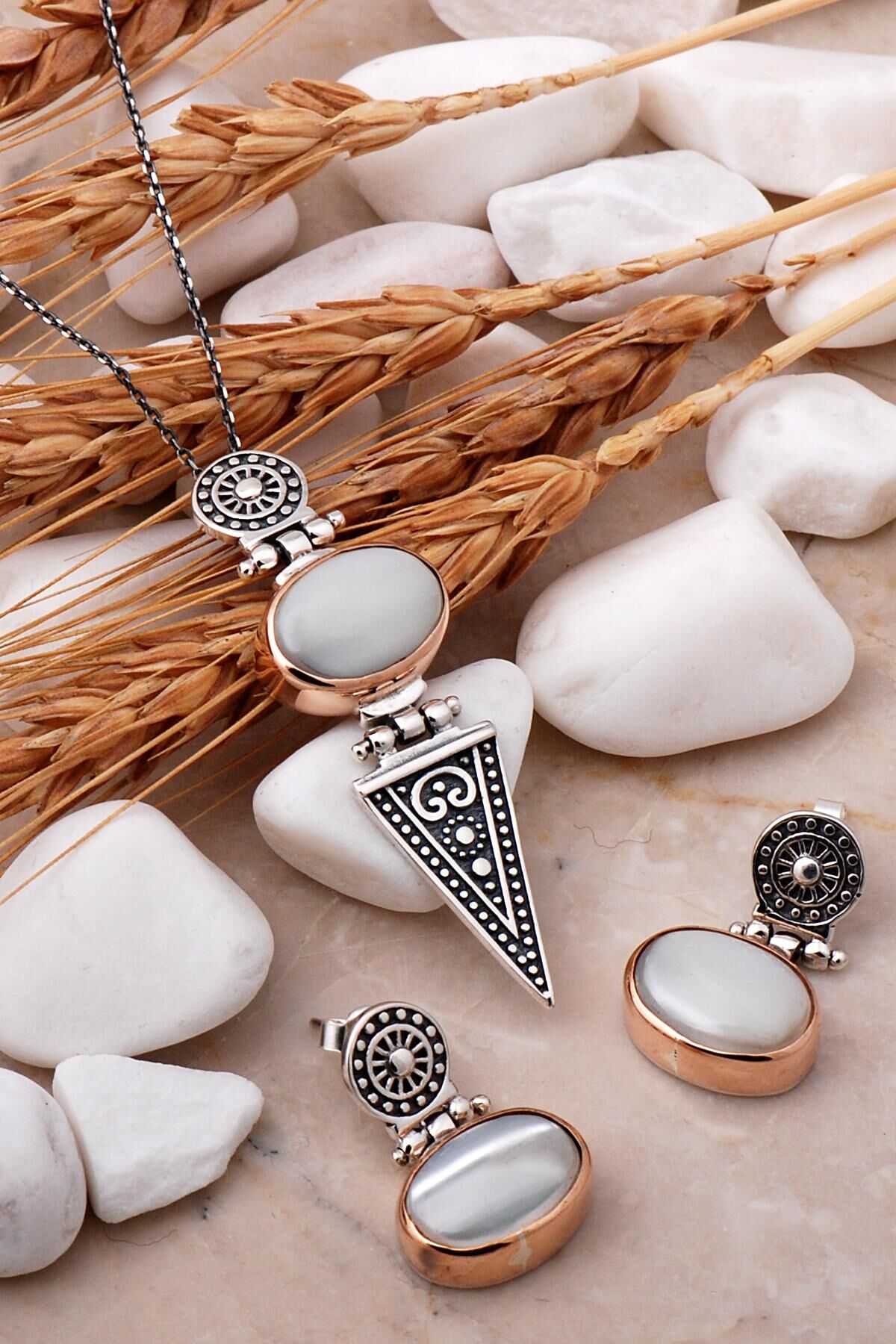 Sedef Taşlı Antik Tasarım Gümüş Set 2492