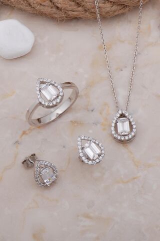 Baget Damla Rodyumlu Gümüş Set 2587