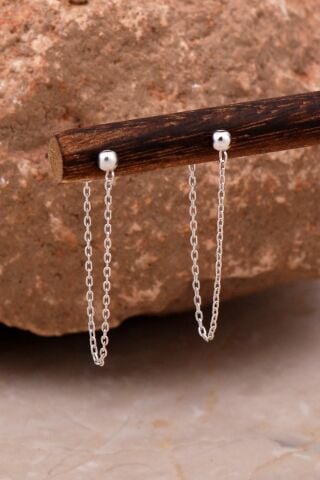 Top Tasarım Rodyumlu Gümüş Zincir Küpe 6106