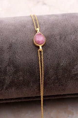 Doğal Rodonit Taşlı Damla Mini Altın Yaldızlı Gümüş Bileklik 4121