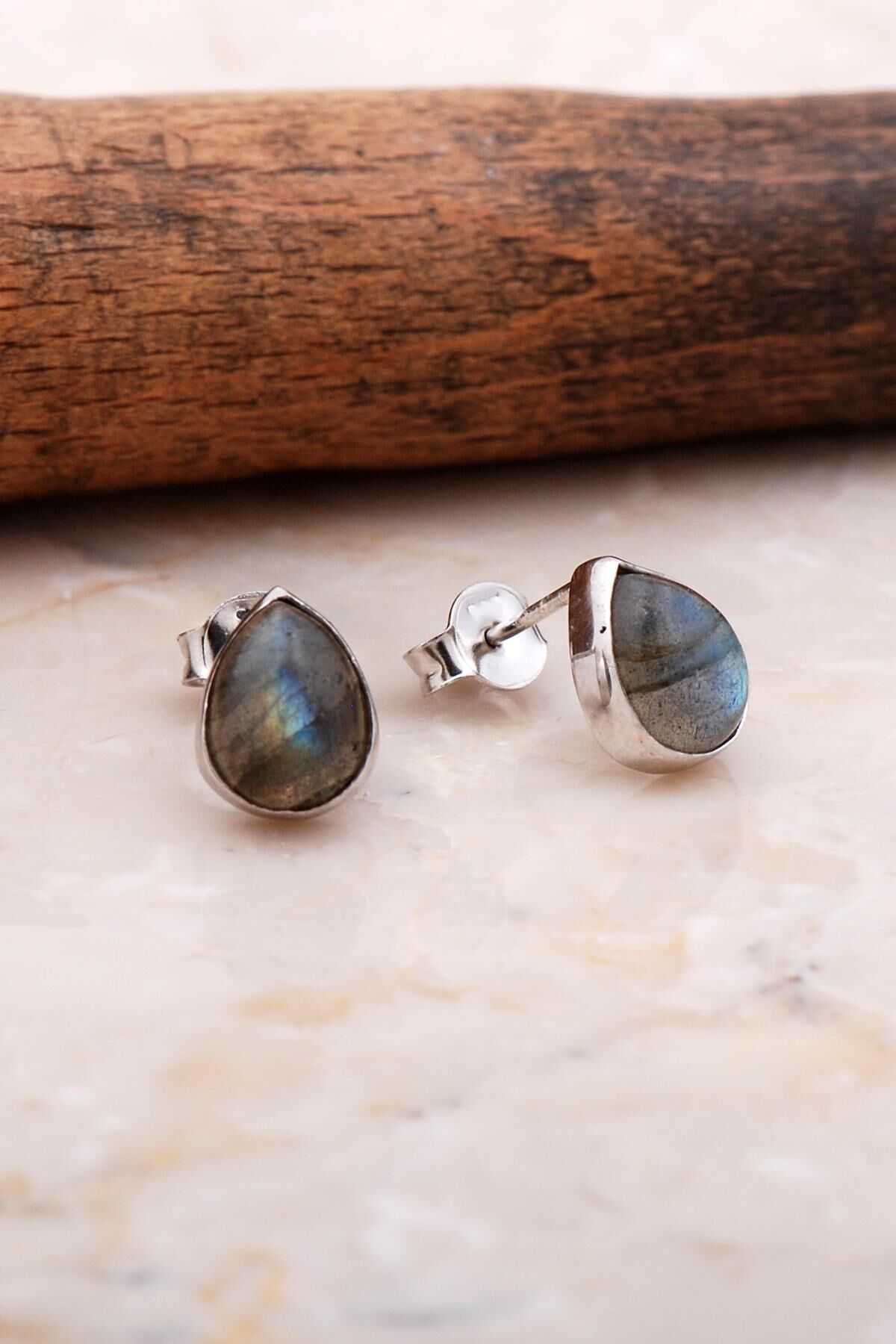 Doğal Labradorit Taşlı Damla Mini Rodyumlu Gümüş Küpe 5835