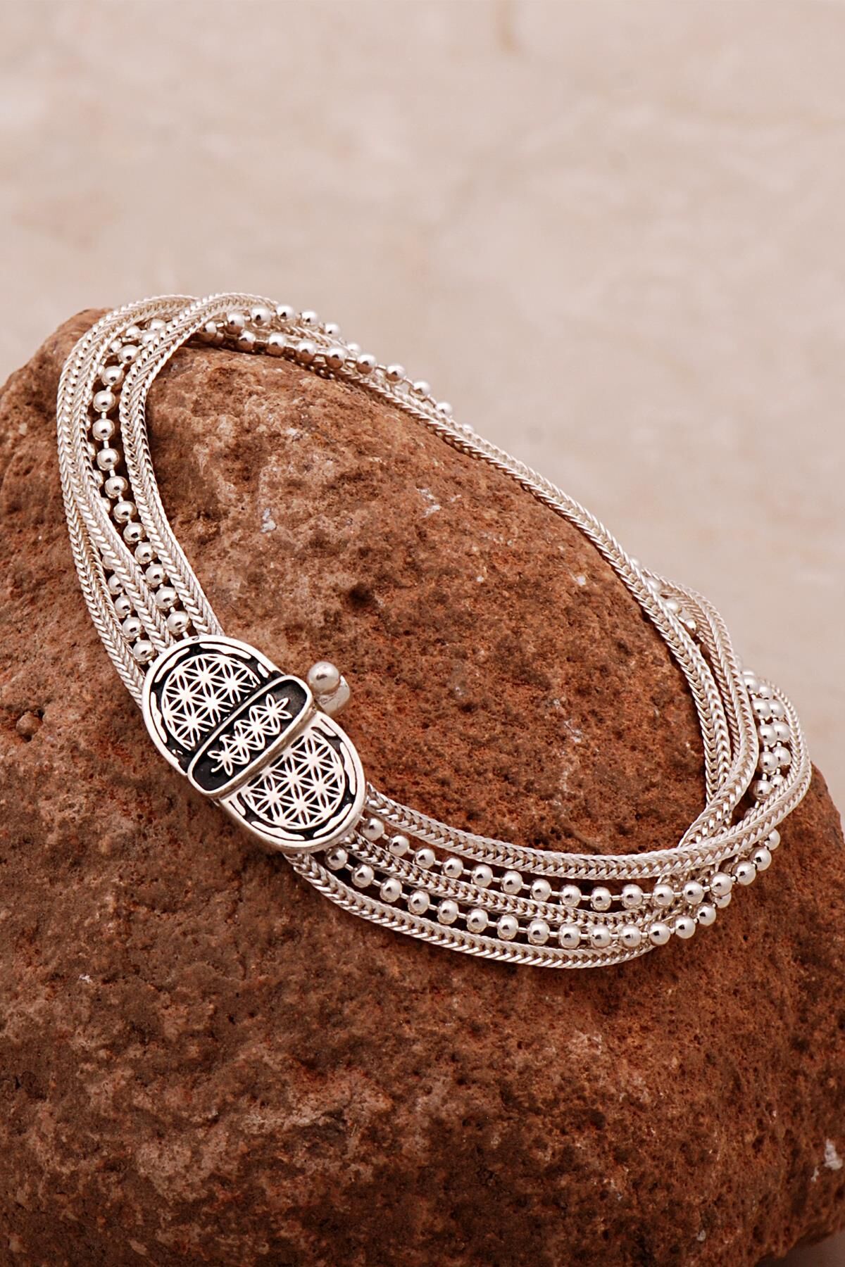 Yaşam Çiçeği Hasır Elişi Tasarım Gümüş Bileklik 4307