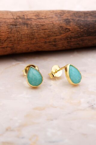 Doğal Amazonit Taşlı Damla Mini Altın Yaldızlı Gümüş Küpe 5837