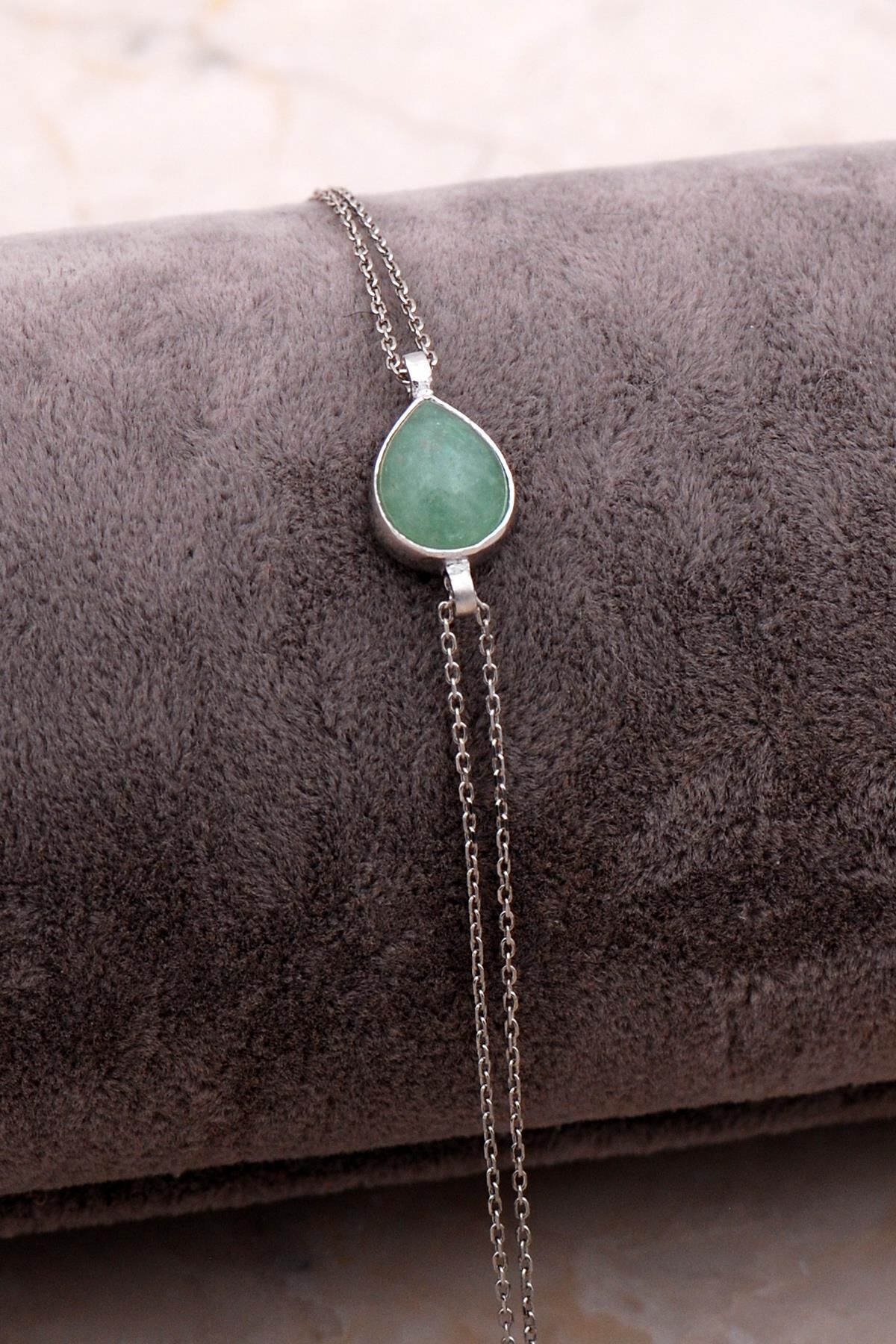 Doğal Prehnit Taşlı Damla Mini Rodyumlu Gümüş Bileklik 4132