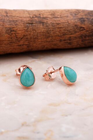 Doğal Amazonit Taşlı Damla Mini Rose Gümüş Küpe 5839