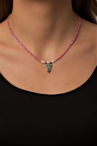 Doğal Taşlı Mozaik İşlemeli Tasarım Gümüş Kolye 6735