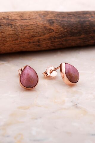 Doğal Rodonit Taşlı Damla Mini Rose Gümüş Küpe 5842
