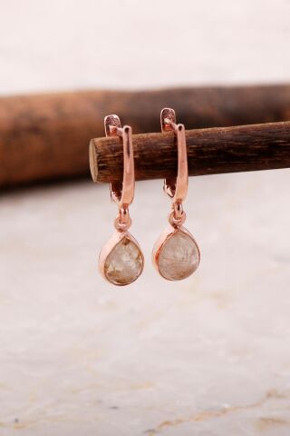 Doğal Sarı Rutil Kuvars Taşlı Damla Mini Rose Gümüş Küpe 5860