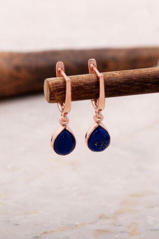 Doğal Lapis Lazuli Taşlı Damla Mini Rose Gümüş Küpe 5869