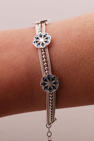 Anadolu Motifli Mineli Hasır Elişi Tasarım Gümüş Bileklik 4350