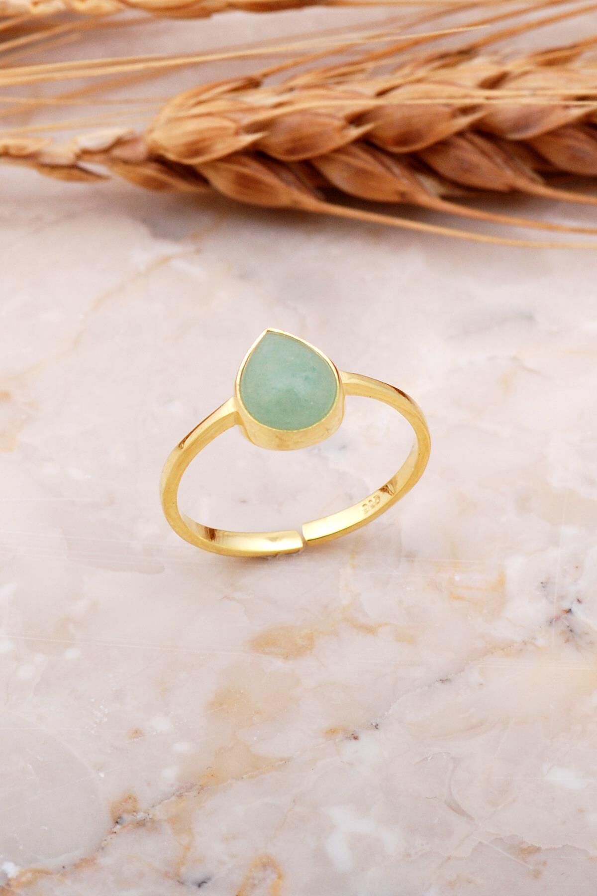 Prehnit Taşlı Damla Altın Kaplama Gümüş Yüzük 3655