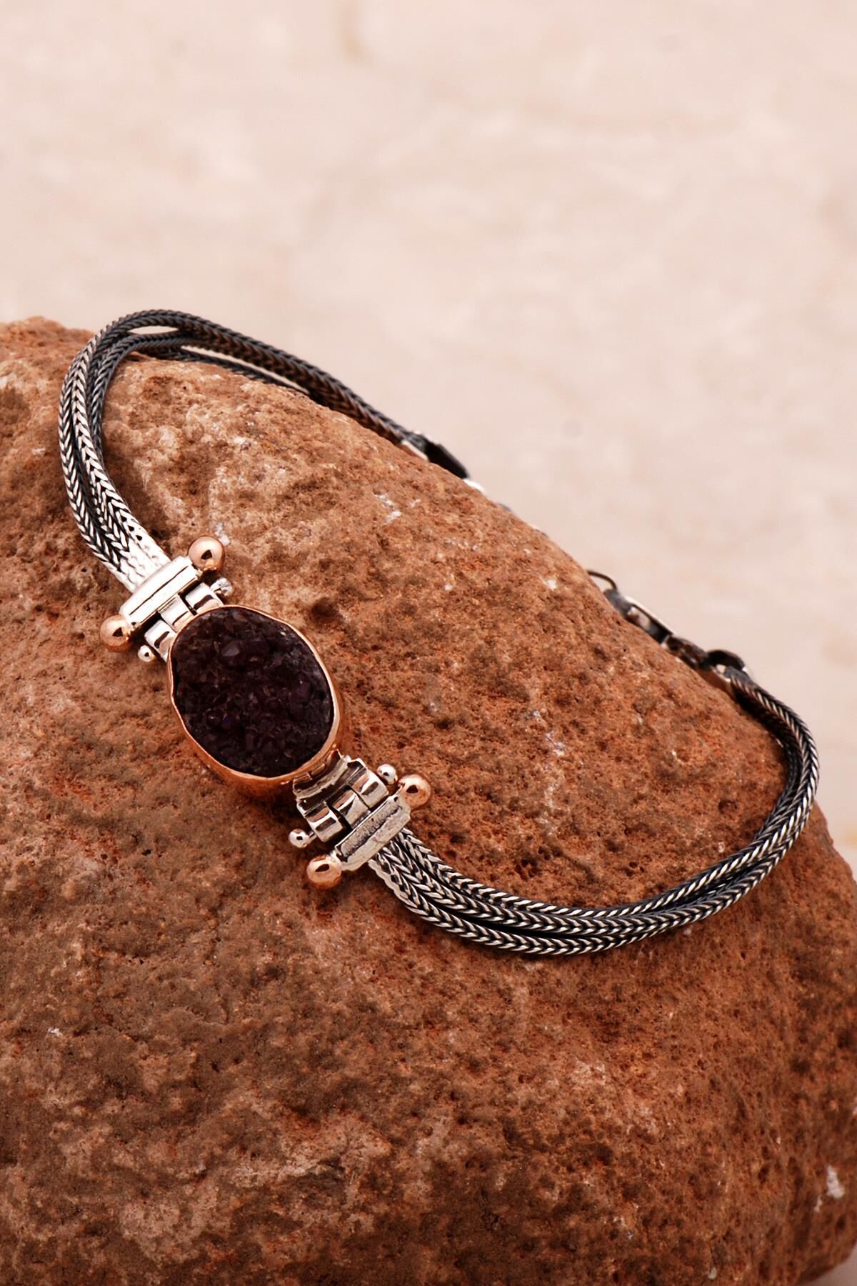 Ametist Taşlı Sarma Elişi Gümüş Bileklik 4362