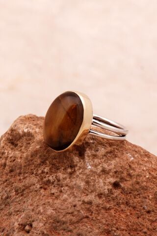 Kaplan Gözü Taşlı Elişi Tasarım Gümüş Yüzük 3734