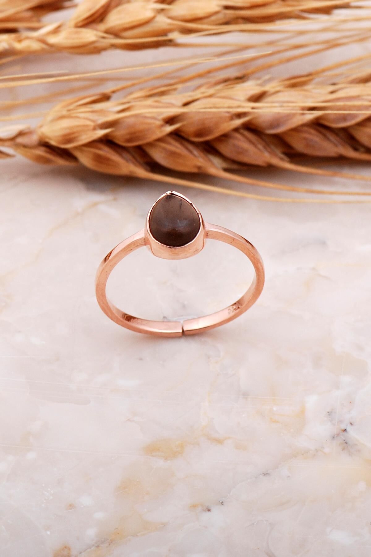 Smoky Taşlı Damla Rose Gümüş Yüzük 3664
