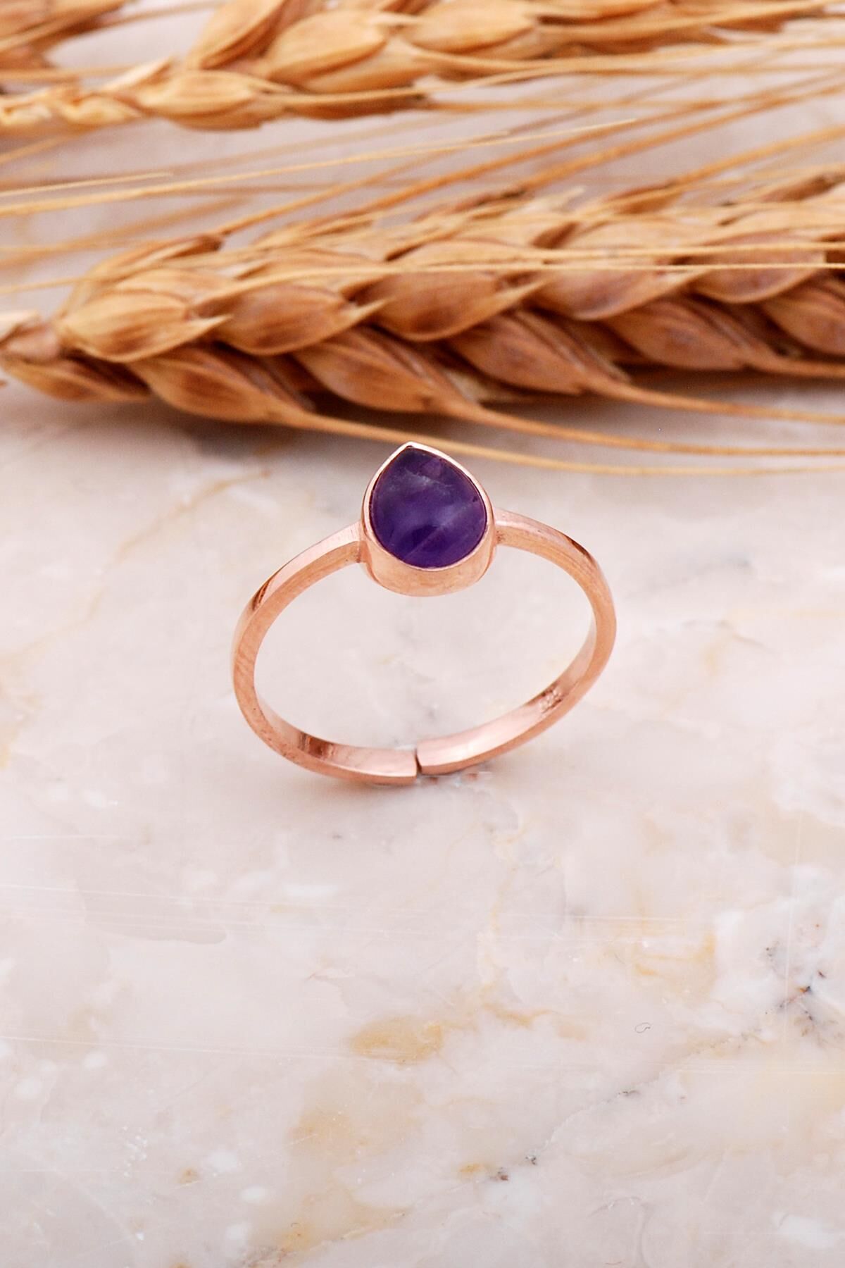 Ametist Taşlı Damla Rose Gümüş Yüzük 3672