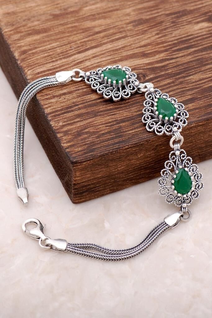 Kök Zümrüt Taşlı Telkari İşlemeli Damla Bileklik 2949