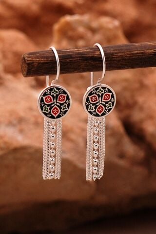 Anadolu Motifli Elişi Mineli Hasır Gümüş Küpe 6132