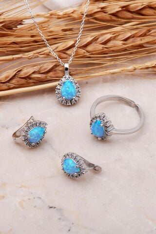 Opal Taşlı Damla Gümüş Üçlü Set 2422