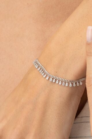 Gurmet Sıra Taşlı Damla Rodyumlu Gümüş Bileklik 4363