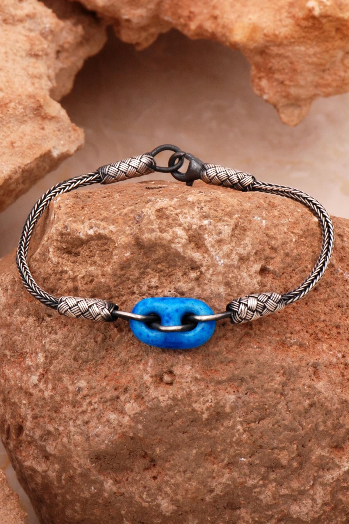 Süryani Nazar Boncuğu Kazaziye İşlemeli Oksitli Gümüş Bileklik 4374