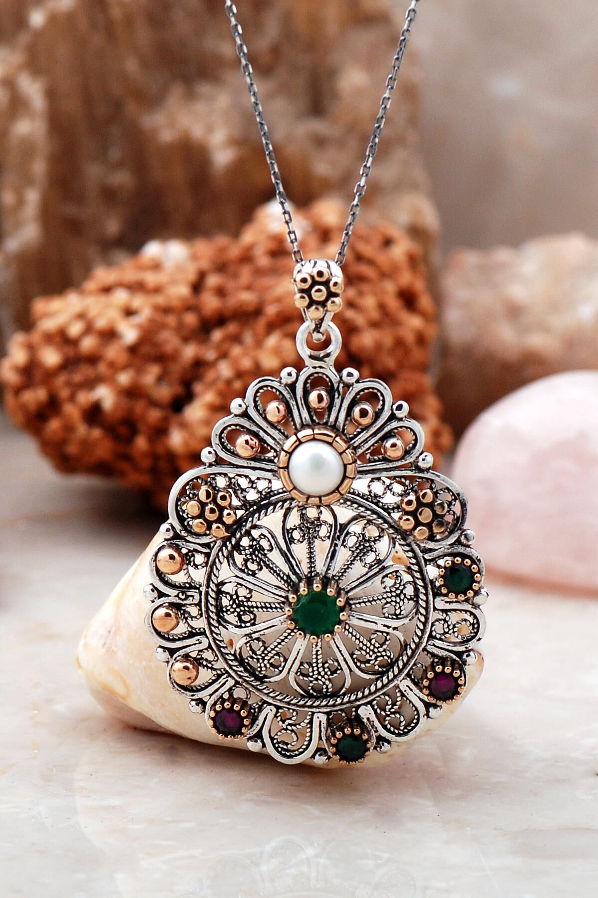 Telkari İşlemeli İnci Taşlı Tasarım Gümüş Kolye 3896