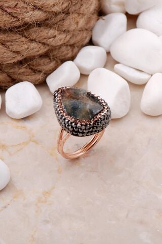 Doğal Krizopraz Taşlı Damla Rose Gümüş Yüzük 3289