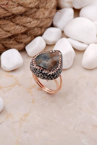 Doğal Krizopraz Taşlı Damla Rose Gümüş Yüzük 3289