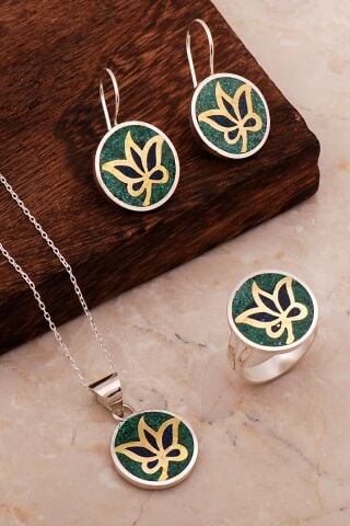 Yaprak Mozaik İşlemeli Renkli Gümüş Set 2692