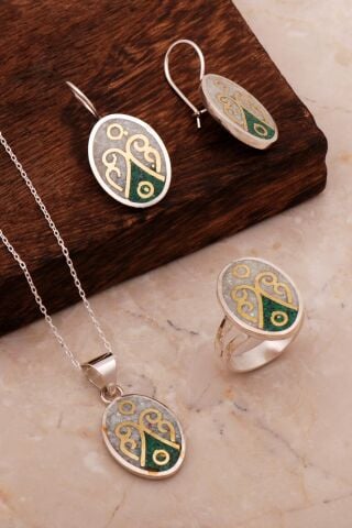 Antik Mozaik İşlemeli Renkli Gümüş Set 2700