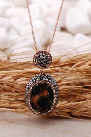 Doğal Krizopraz Taşlı Oval Rose Gümüş Kolye 7437