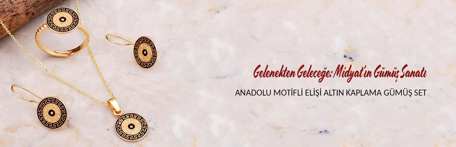 Anadolu Motifli Mineli Elişi Altın Kaplama Gümüş Set