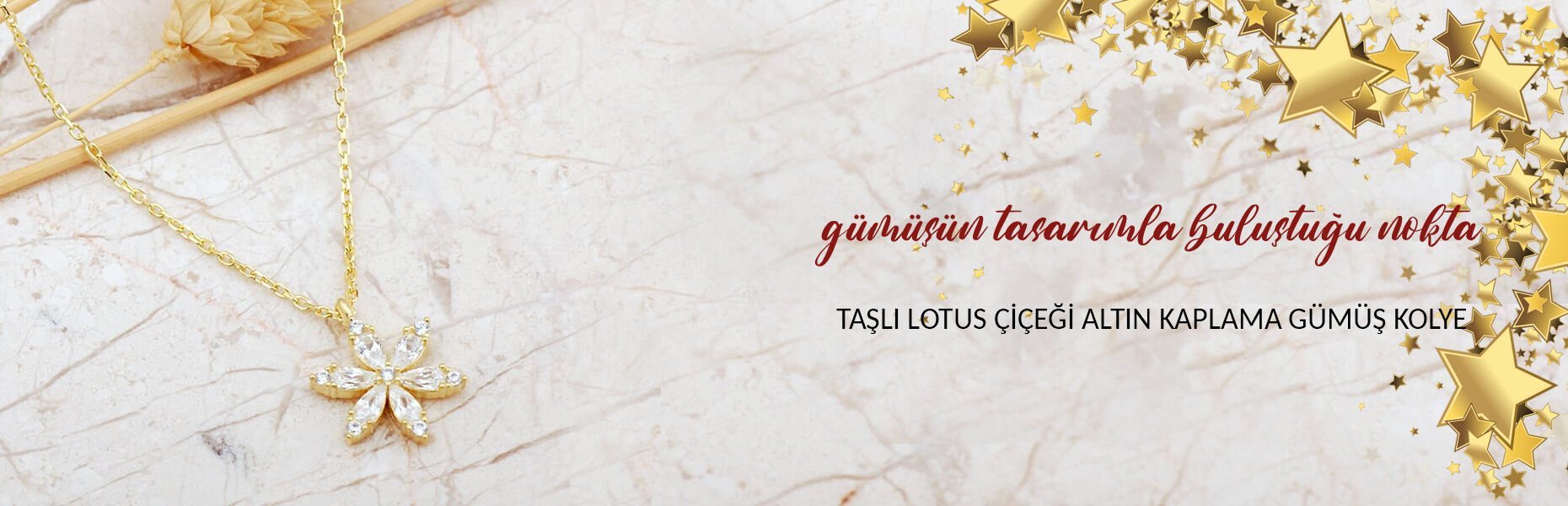 Taşlı Lotus Çiçeği Altın Kaplama Gümüş Kolye