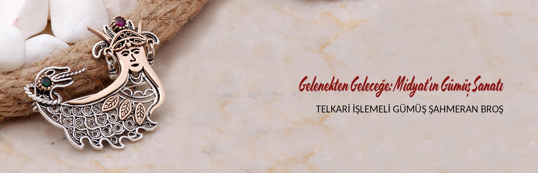 Şahmeran Orta Boy Telkari Elişi Gümüş Broş