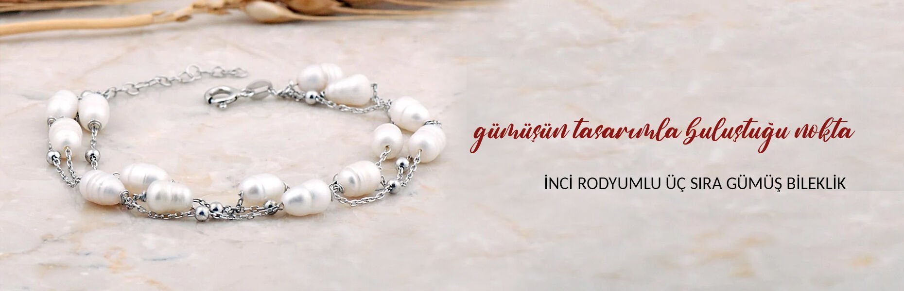İnci Rodyumlu Üç Sıra Gümüş Bileklik