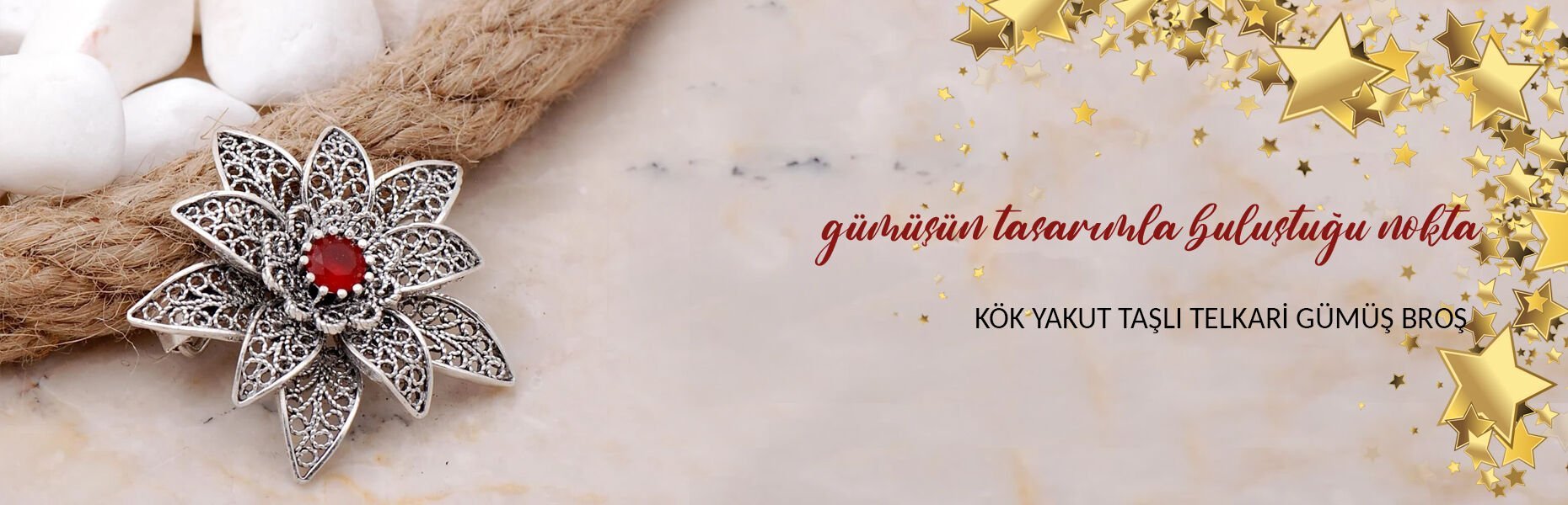 Kök Yakut Taşlı Lotus Telkari Elişi Gümüş Broş