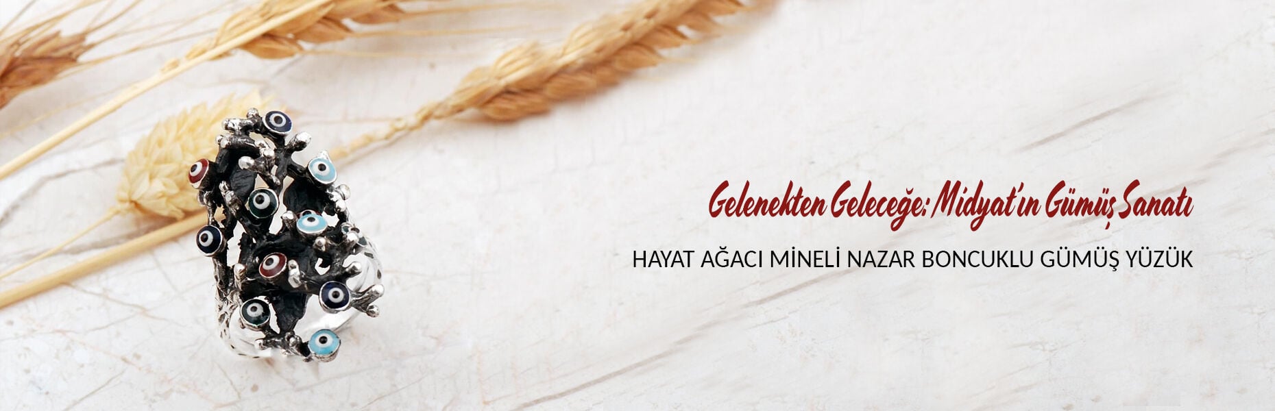 Hayat Ağacı Mineli Nazar Boncuklu Gümüş Yüzük