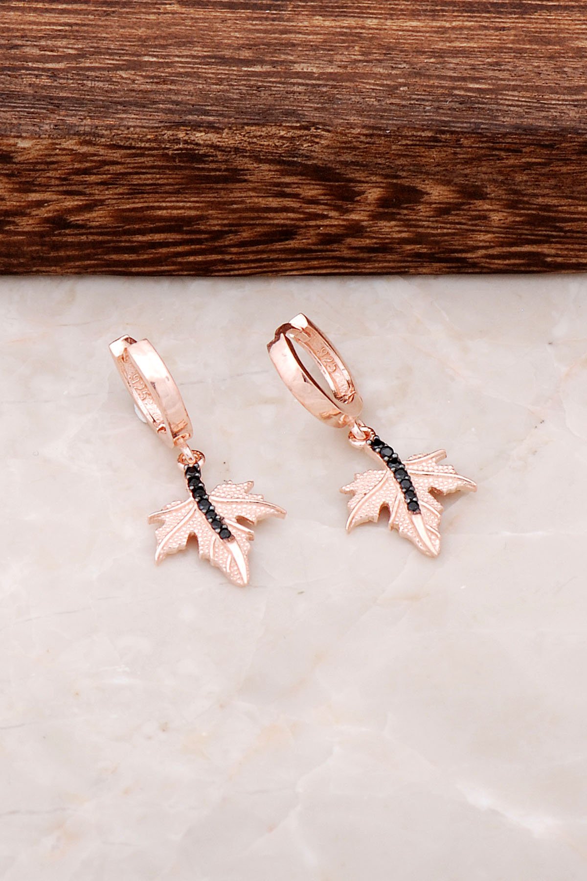 Çınar Ağacı Yaprağı Rose Gümüş Halka Küpe 