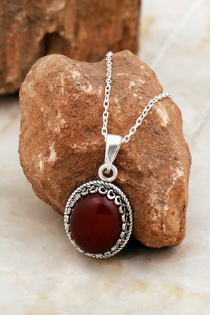 Akik Taşlı Elişi Gümüş Telkari Kolye