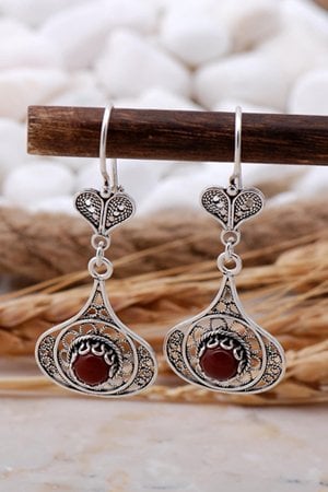 Akik Taşlı Elişi Gümüş Telkari Küpe