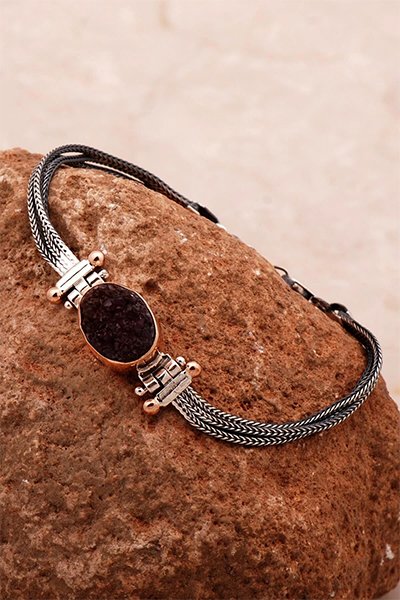 Ametist Taşlı Sarma Elişi Gümüş Bileklik