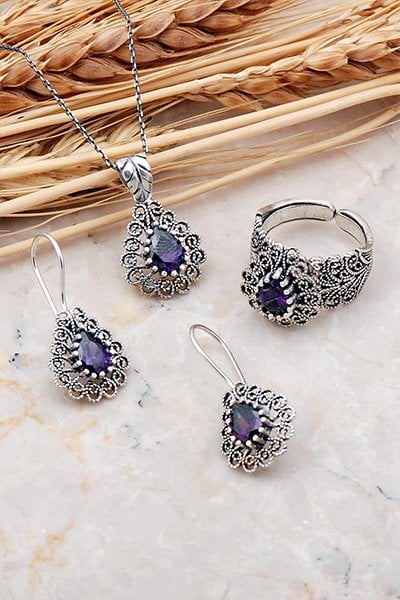 Ametist Taşlı El işi Gümüş Telkari Set