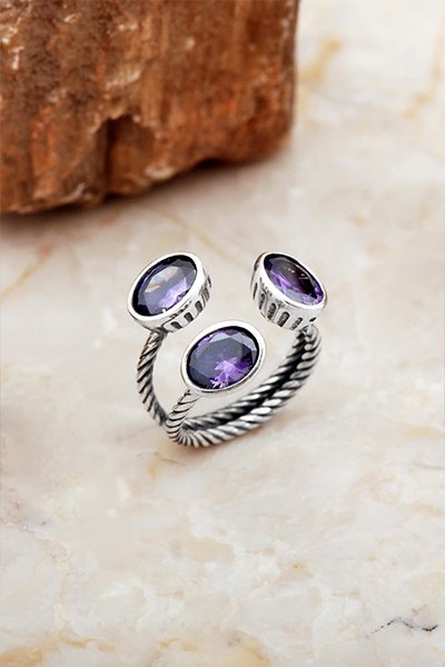 Ametist Taşlı El İşi Gümüş Yüzük