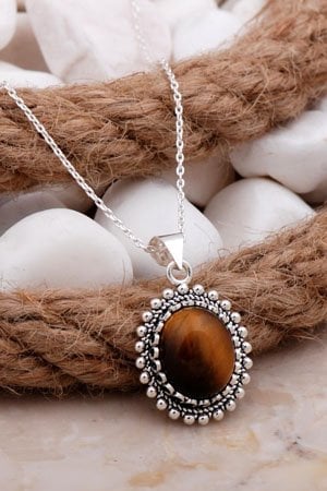 Kaplan Gözü Taşlı Gümüş Telkari Kolye