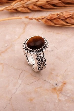 Kaplan Gözü Taşlı Gümüş Telkari Yüzük