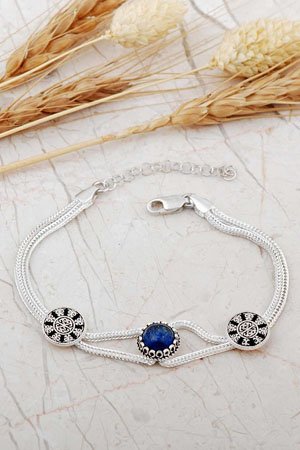 Lapis Lazuli Taşlı Midyat Hasırı Gümüş Bileklik