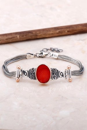 Mercan Taşlı Midyat Hasırı Gümüş Bileklik