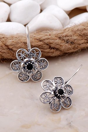 Oniks Taşlı Gümüş Telkari Küpe